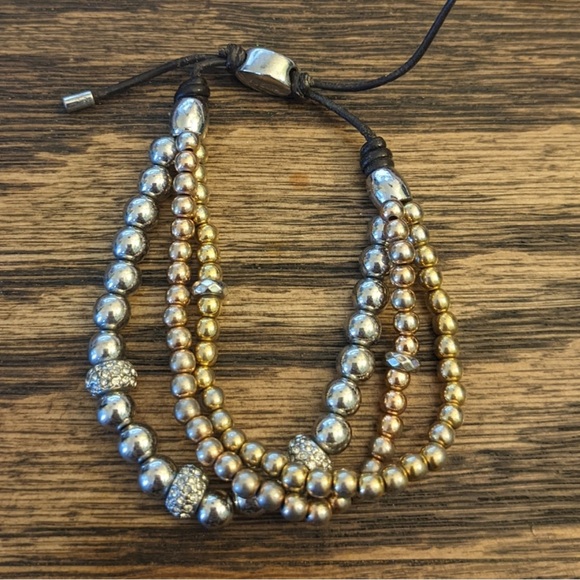 Fossil Gold Silver & Bronze Beaded Bracelet on Adjustable Leather 3-Strands - Picture 2 of 3